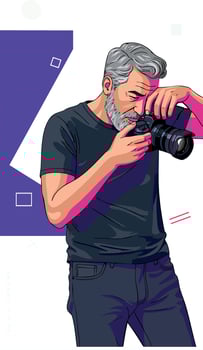 Mature man with gray hair taking photo with camera illustration in modern style vector