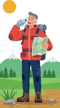 Male Hiker Drinking Water and Checking Map in Mountain Landscape Illustration vector