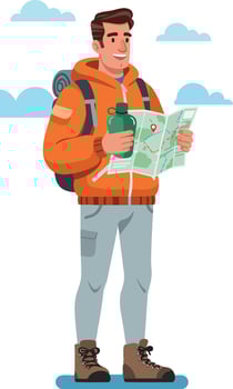 Male hiker exploring with map and water bottle in orange jacket illustration vector