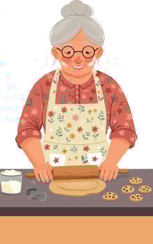 Elderly woman baking cookies with rolling pin and apron kitchen illustration vector