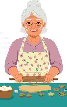 Elderly Woman Baking Cookies with Rolling Pin in Apron Kitchen Scene Illustration vector