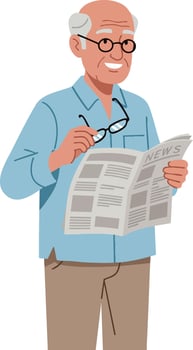 Elderly man reading newspaper holding glasses in casual clothing illustration vector