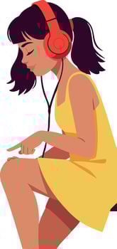 Young woman wearing red headphones listening to music in yellow dress illustration vector