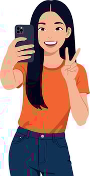 Young woman taking selfie with smartphone showing peace sign in casual outfit illustration vector