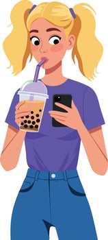 Young woman drinking bubble tea using smartphone in casual outfit illustration vector