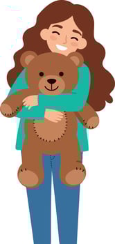 Girl hugging teddy bear with brown hair and blue jeans smiling joyfully illustration vector