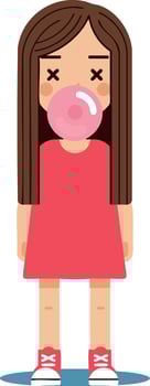Girl blowing pink bubble gum wearing red dress and sneakers illustration vector
