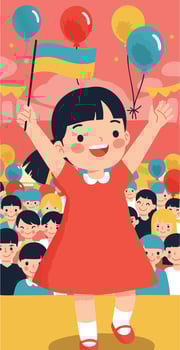 Happy girl in red dress holding balloons and flag celebrating with crowd illustration vector