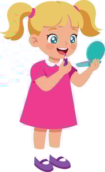 Little girl applying lipstick with mirror in pink dress and purple shoes illustration vector