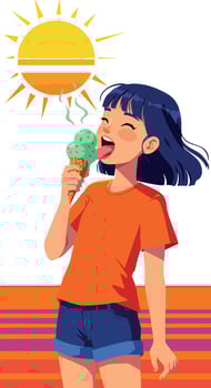 Girl enjoying mint ice cream cone outdoors under bright sun in summer day illustration vector