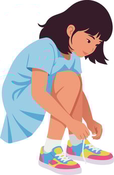 Young girl tying shoelaces sitting down in blue dress illustration vector