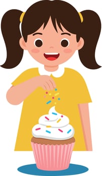 Girl decorating cupcake with sprinkles in shirt illustration vector