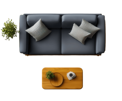 A modern living room, captured from above, showcases a stylish blue sofa and coffee table. png