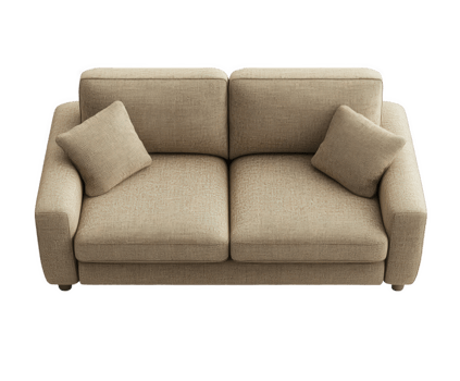 An overhead view of a stylish beige sofa with two square pillows, perfect for modern interiors. png