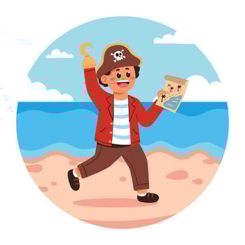 A cartoon pirate running on the beach with a map vector