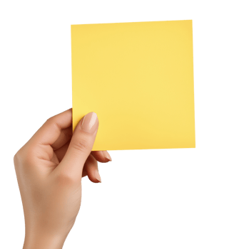 Female hand holding a blank yellow paper note, isolated on a transparent background png