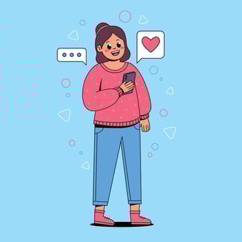 A woman holding a phone and looking at a heart vector