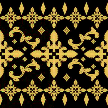 Beautiful Baroque Pattern with Gold Scroll Ornament on Black Background. Luxury Detailed Cross Florals and Wines Nature Inspired for Fabrics Decoration Lace Embroidery Carpet Curtain Attire Motif Silk vector