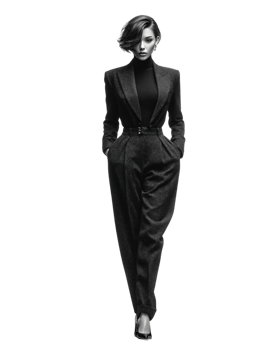 Elegant Woman in Tailored Black Suit Walking Confidently in Style png