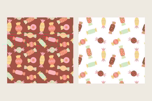 Candy seamless pattern. Repeating background with coloured different candies, sweets, chocolate treats. Design for October 18 is World Candy Day. Food illustration for flyer, card, wrapping vector
