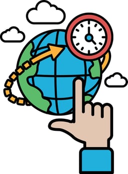 A hand pointing at a clock that is set to 1200 vector