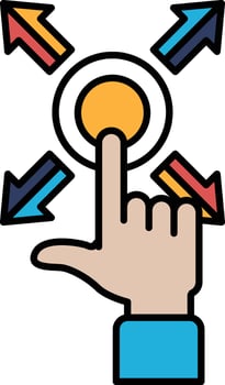 A hand pointing to a button with arrows pointing in different directions vector