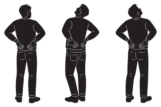 Silhouette of a man standing with both hands resting on his lower back vector
