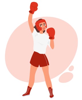 Happy female fighter in boxing gloves and headgear raising her hand in victory. Young woman in sportswear smiling after winning. Flat illustration of success, motivation, and martial arts vector