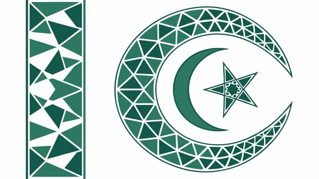 Geometric islamic art design with crescent moon and star in green color for ramadan kareem theme vector