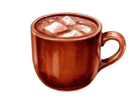 Watercolor hot chocolate in brown ceramic cup with sugar cream clip art illustration png