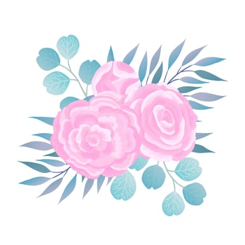 Romantic Wedding Flower Bouquet composition. Elegant blue Eucalyptus Branches, Leaves, beautiful pink Ranunculus background. Botanical illustration for Postcard design. vector