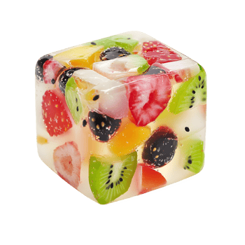Delicious fruit jelly cube dessert with vibrant strawberries, kiwi, and other assorted fruits in a clear transparent jelly png