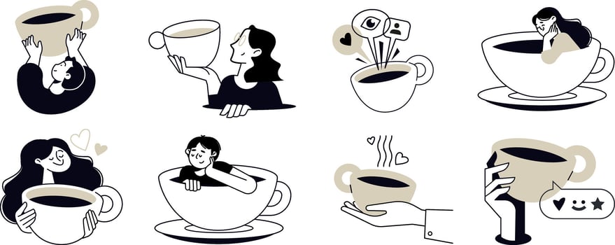 illustrations of people enjoying free time, drinking coffee, daily routine, invitation to hang out, for social media stickers and posts, marketing, restaurants and coffee bars. vector