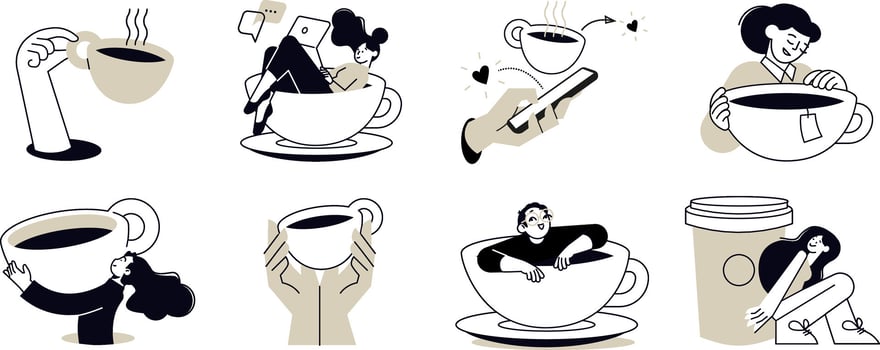 Coffee take away. illustrations of people enjoying free time, drinking coffee, daily routine, invitation to hang out, for social media stickers and posts, marketing, restaurants and coffee bars. vector