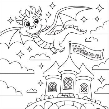 Dragon Flying Over Castle Coloring Page for Kids vector