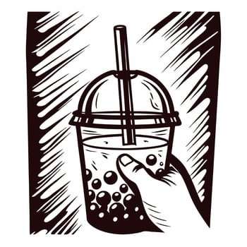 Hand holding bubble tea in sketch with straw and lid vector