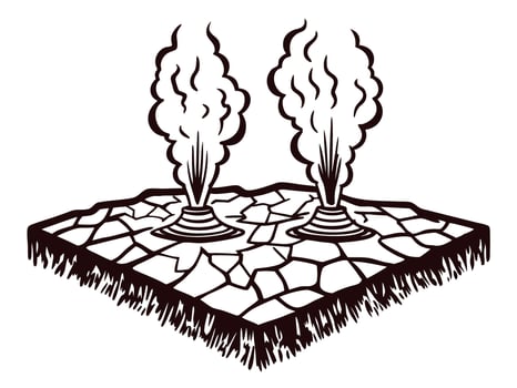 Geothermal vents on cracked earth emitting steam in a natural landscape vector