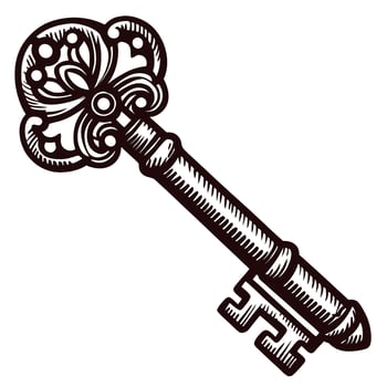 Ornate vintage key with intricate design and floral motif in black and white vector