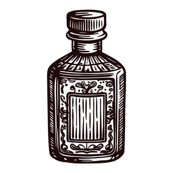 Vintage apothecary bottle with ornate label design in black and white vector