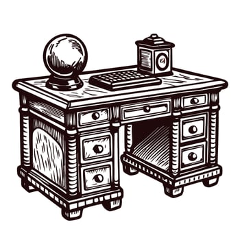 Vintage wooden desk with globe and keyboard classic office furniture vector