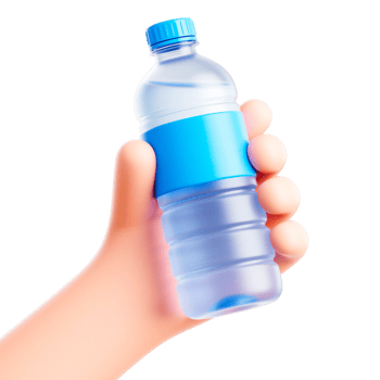 Cartoon hand holding a blue plastic water bottle, isolated on a transparent png