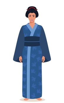 Full length portrait of beautiful geisha in Japanese kimono. Symbol of Japan. Young Japanese woman wearing traditional kimono with floral pattern. illustration. vector