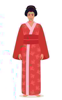 Full length portrait of beautiful geisha in Japanese kimono. Symbol of Japan. Young Japanese woman wearing traditional kimono with floral pattern vector
