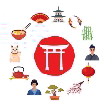 Japanese Traditional symbol set. Geisha, samurai, katana, Mount Fuji, bonsai, Maneki Neko lucky cat, sakura, pagoda, bamboo, sushi, sumo, torii gate. Travel to Japan. illustration. vector