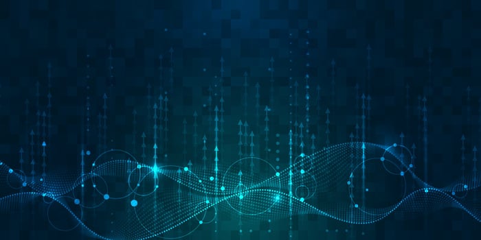 Illustration abstract wave, flow line, motion pattern and particle dot on dark blue background. Modern futuristic, big data design for background. Digital datum, high tech, technology concept vector