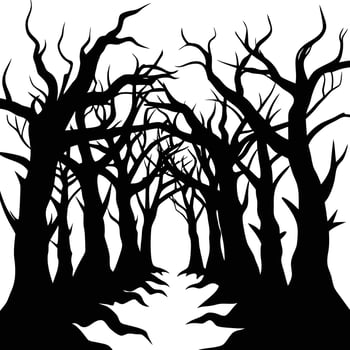 a dark forest with twisted trees and shadows vector