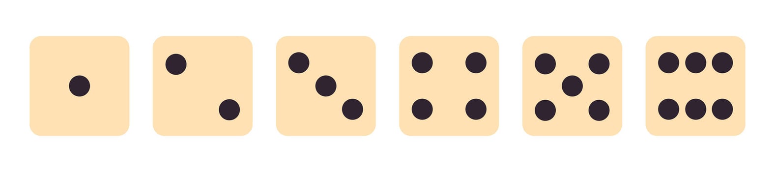 Set of six dice faces showing numbers one to six in a clean row on white background, ideal for counting, math, probability, logic games, and educational materials vector