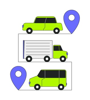 Vehicles tracking with location pins 2D onboarding ui illustration. Car, truck and van delivery. Logistics, travel, fleet management cartoon concept isolated on white. Flat abstract metaphor vector