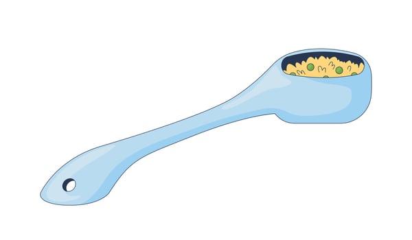 Spoon filled with cooked rice and peas 2D cartoon object. Ceramic ladle with meal portion. Dining tool. Kitchen scoop. Tablespoon isolated element flat clip art on white. Spot illustration vector