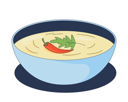 Spicy yogurt dip with chili garnish 2D cartoon object. Seasoned creamy bowl with coriander leaf. Tangy flavor. Appetizer dish isolated element flat clip art on white. Spot illustration vector